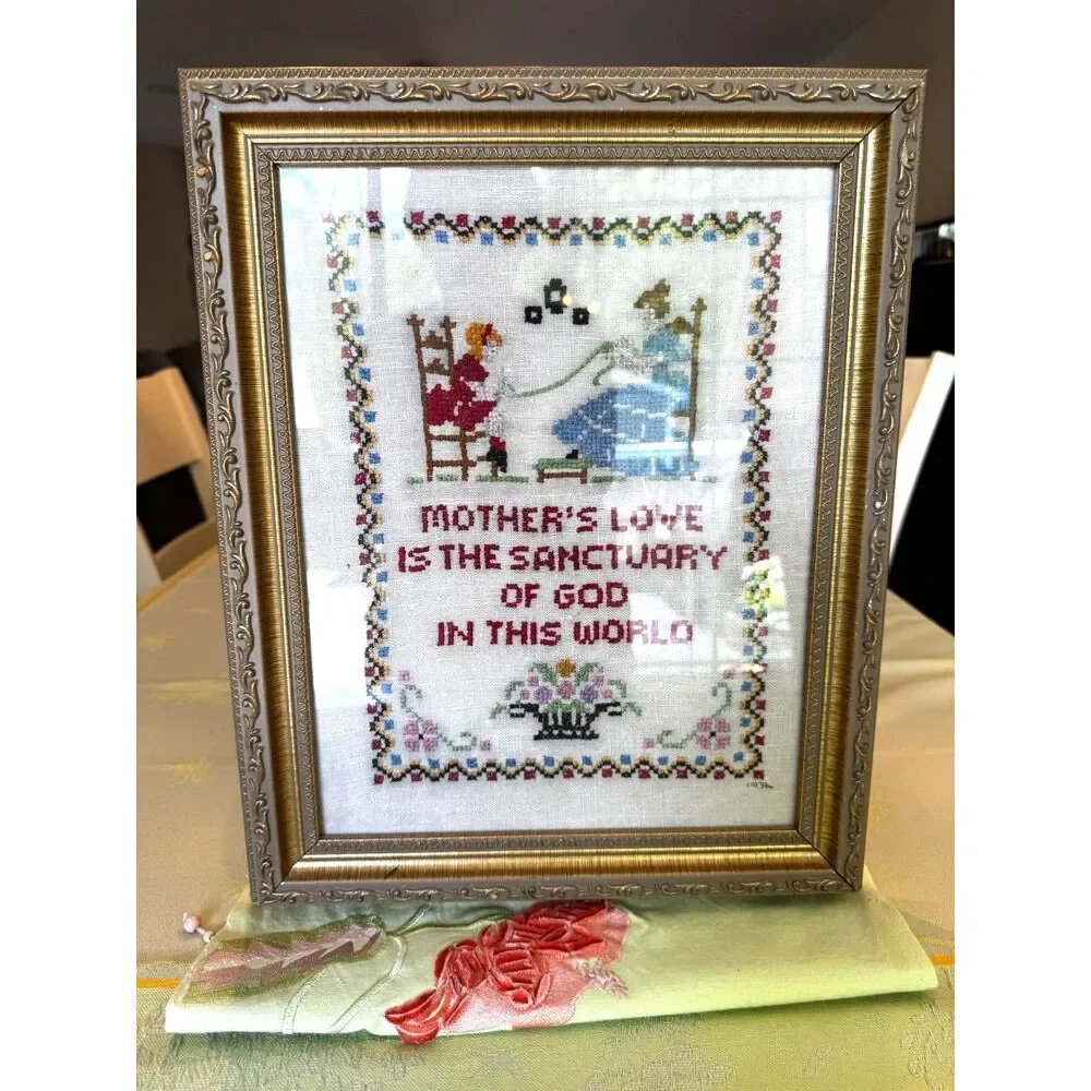 Vintage framed 1936 Cross stitch/Needle Point Mother's Love